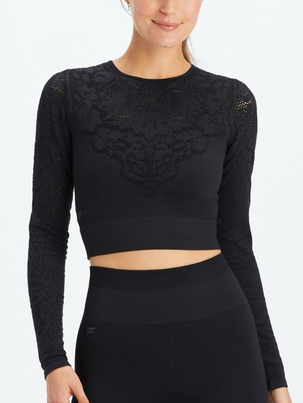 Fabletics Flora Seamless Long Sleeve Top Black Cropped Sz Medium Burnout Floral
